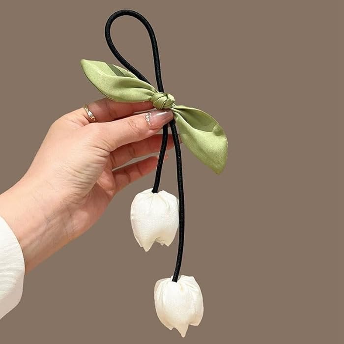 TUCEWP Flower Hair Ties for Women Girls Tassel Ribbon Tulip Elastic Hair Band for Thick Hair White Elegant Floral Hair Scrunchies Soft Cute Stretchy Hair Rope Ponytail Holders Sweet Hair Accessories - Image 5